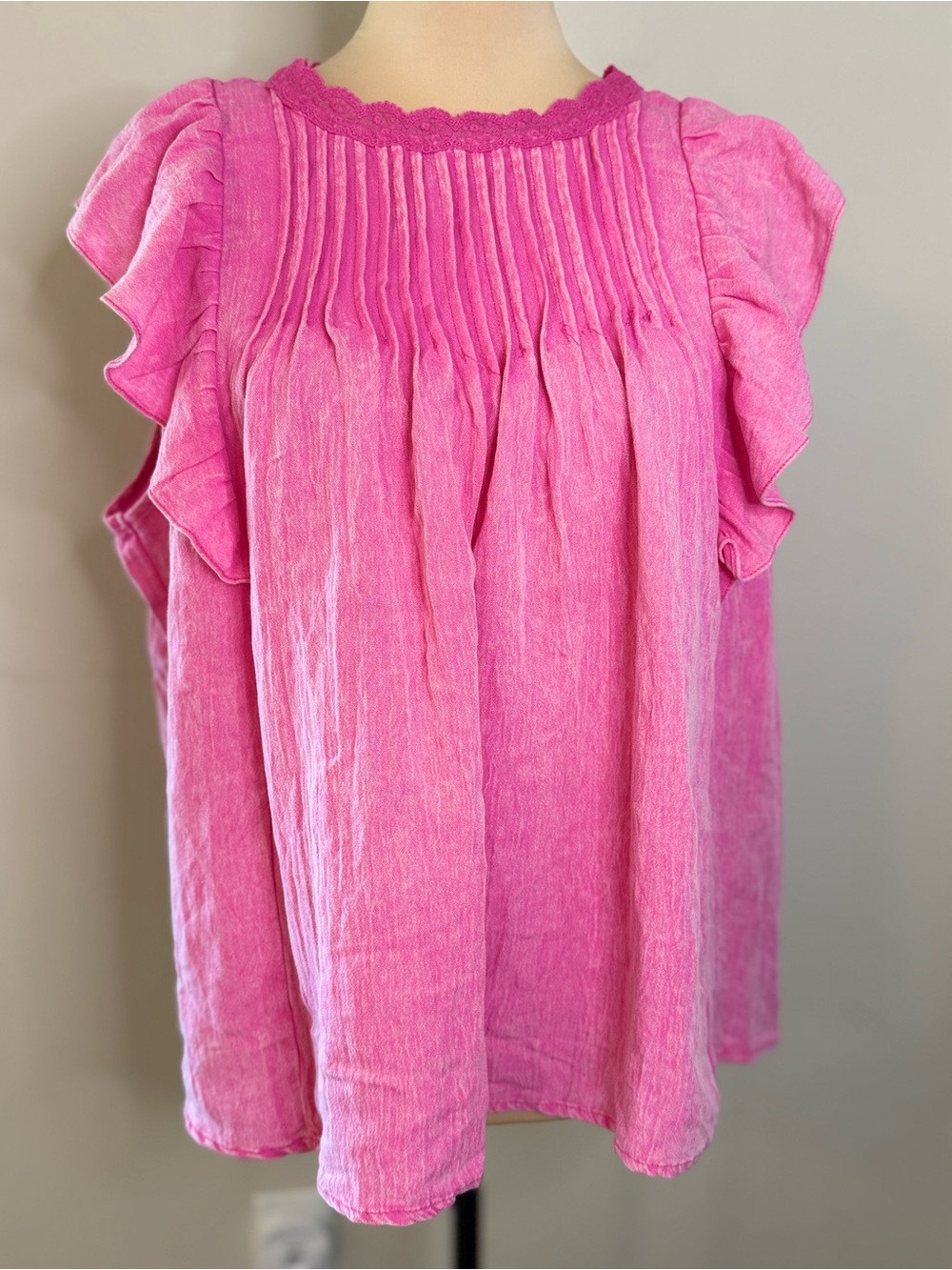 Umgee pink ruffle lace pleated baby doll top cottage whimsigoth preppy LG
